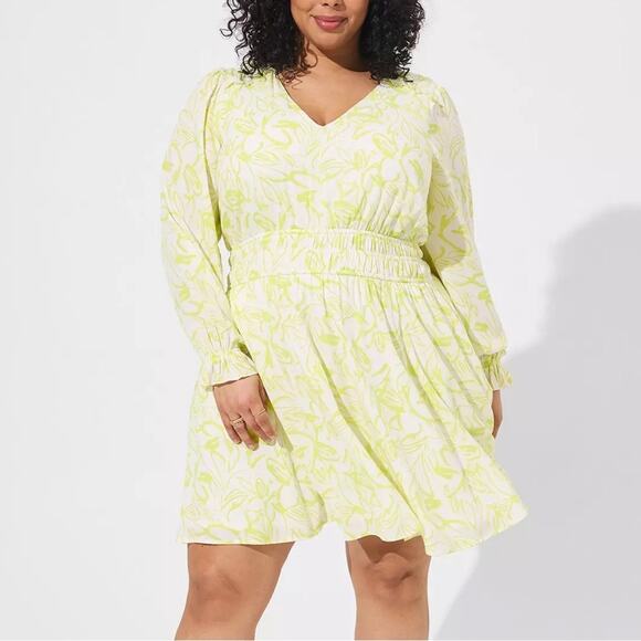 Torrid Yellow Green Floral Mini Wash Gauze Wide Waist Skater Dress 2X  40261123